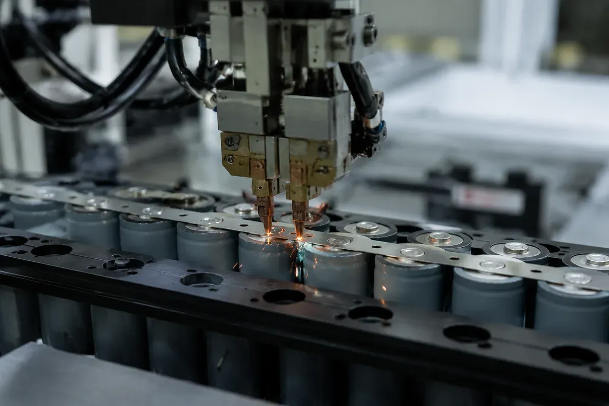 Automated spot welding machine joining nickel strip to lithium cell terminals