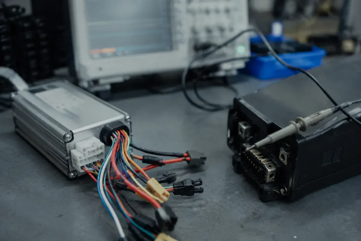 Battery connector and controller on a bench with an oscilloscope probe attached
