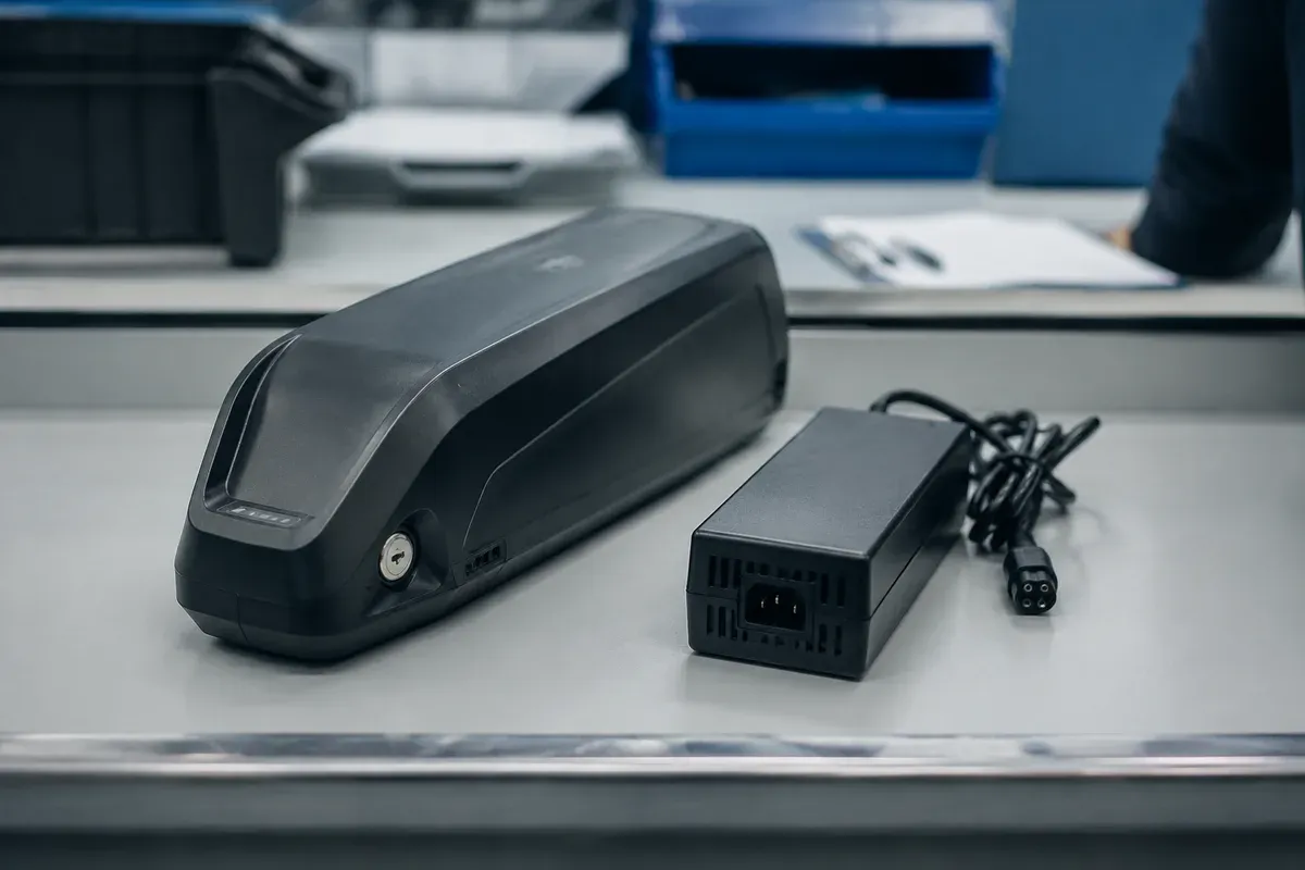 Battery pack and mains charger presented together for compliance review