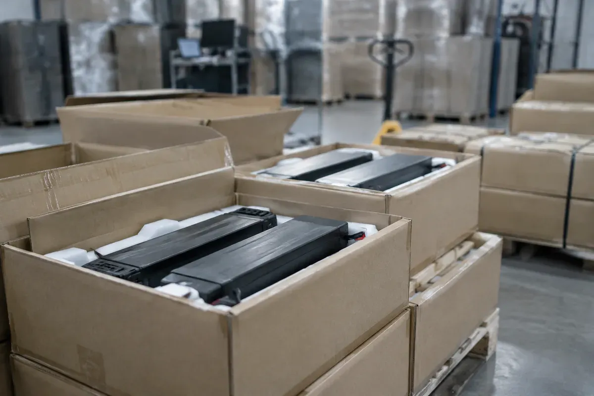 Battery packs in export cartons staged in a warehouse bay for European distribution