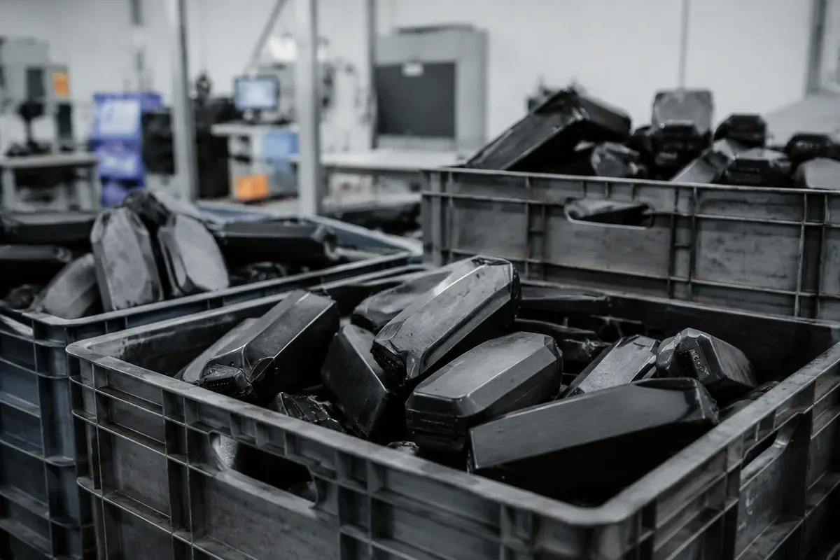 End-of-life battery packs collected in a recycling handling area