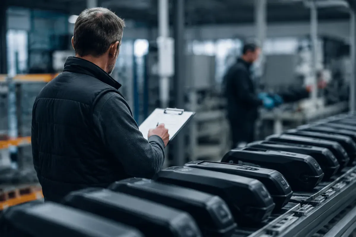 External auditor inspecting a lithium battery production line with a clipboard
