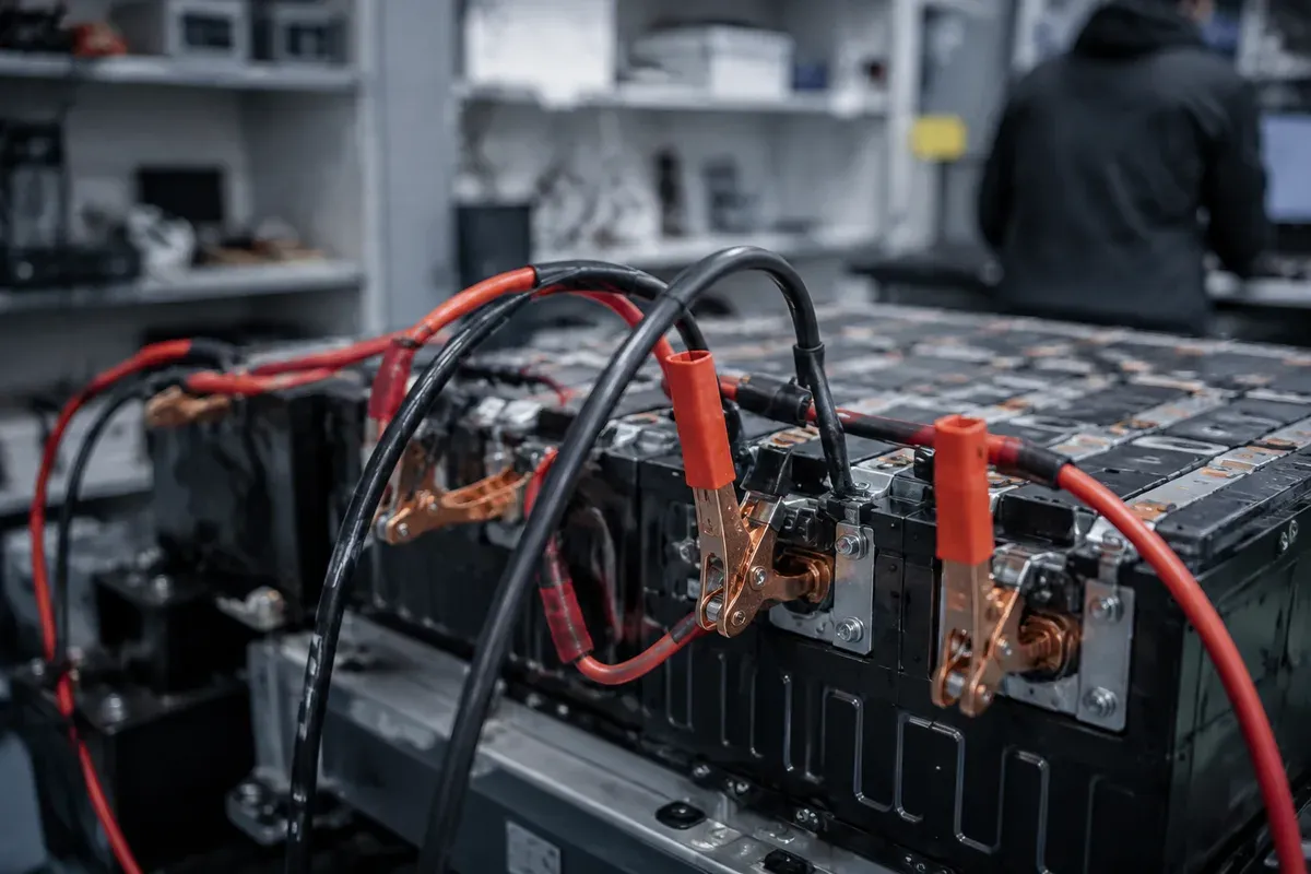 Heavy test leads clamped to battery pack terminals during a high-current test