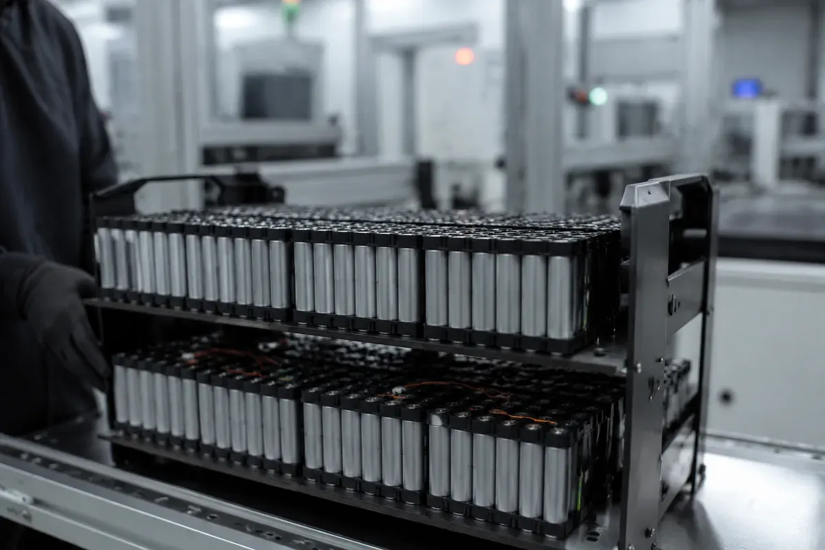Lithium cells loaded into a formation cycling rack on a production line