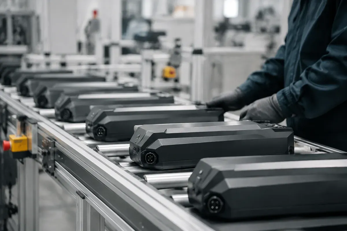 Production line running a batch of identical e-bike battery packs