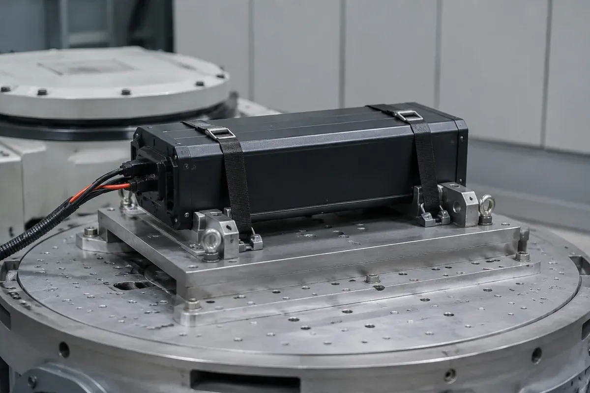 Battery pack mounted in a vibration test fixture in a testing laboratory
