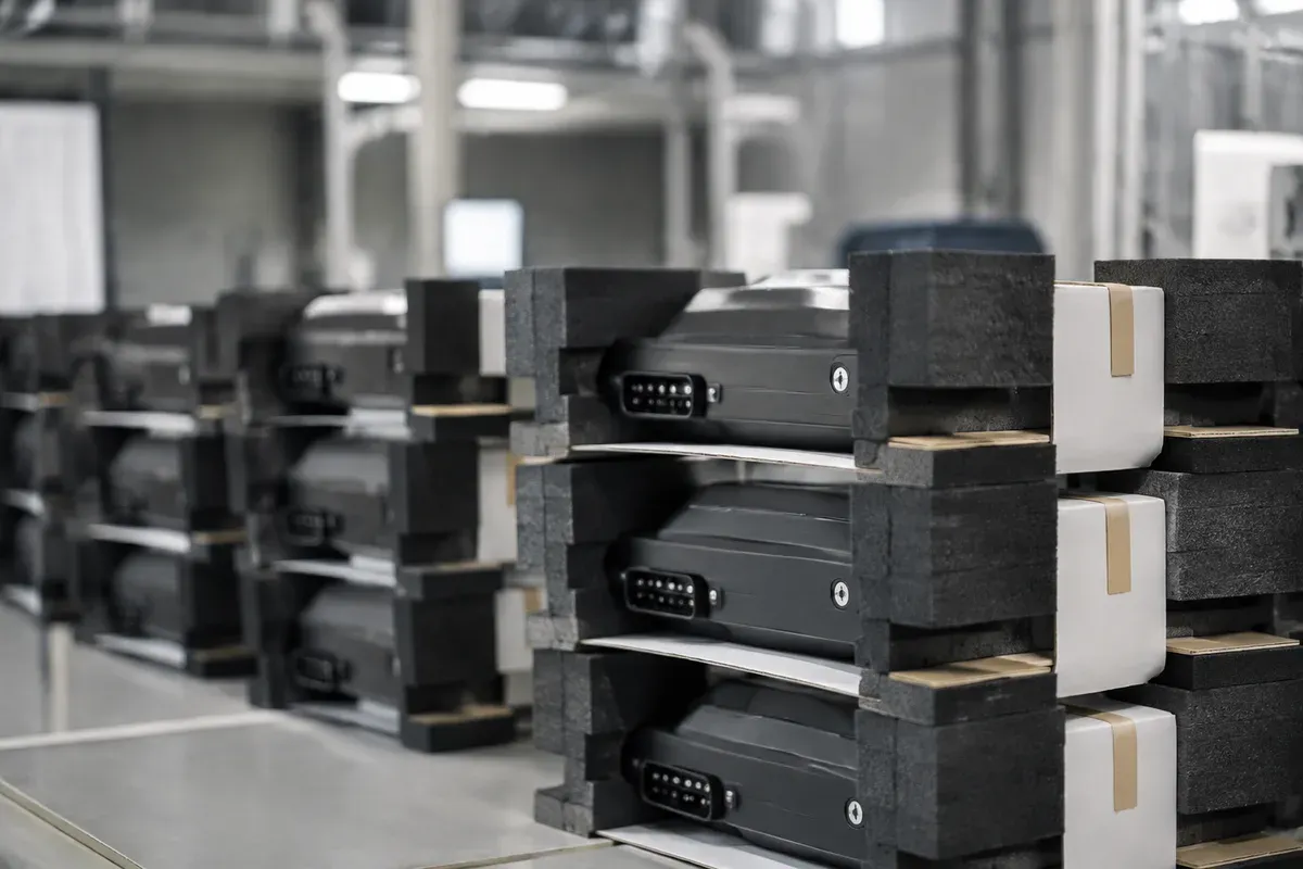 Battery packs in protective packaging prepared for shipment to an Asian market