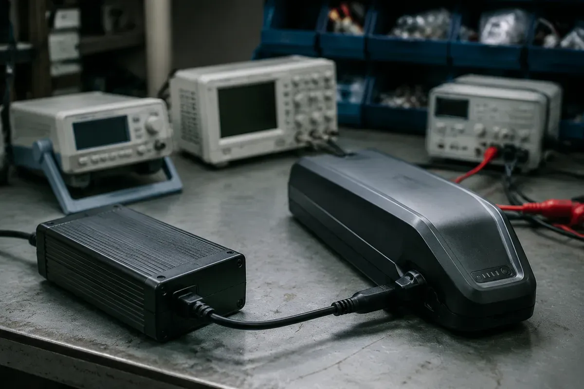 Charger and battery pack connected together on a test bench with instrumentation