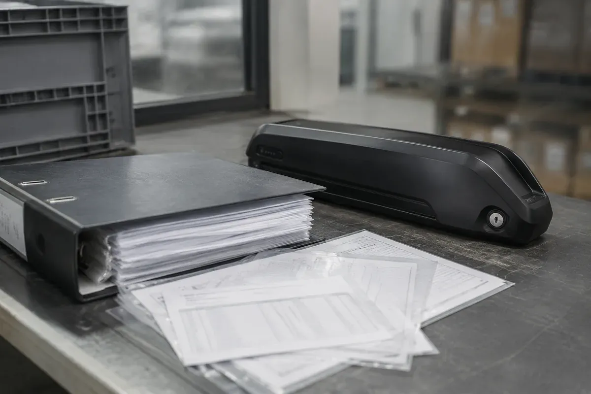 Compliance binder and technical file paperwork beside a finished battery pack