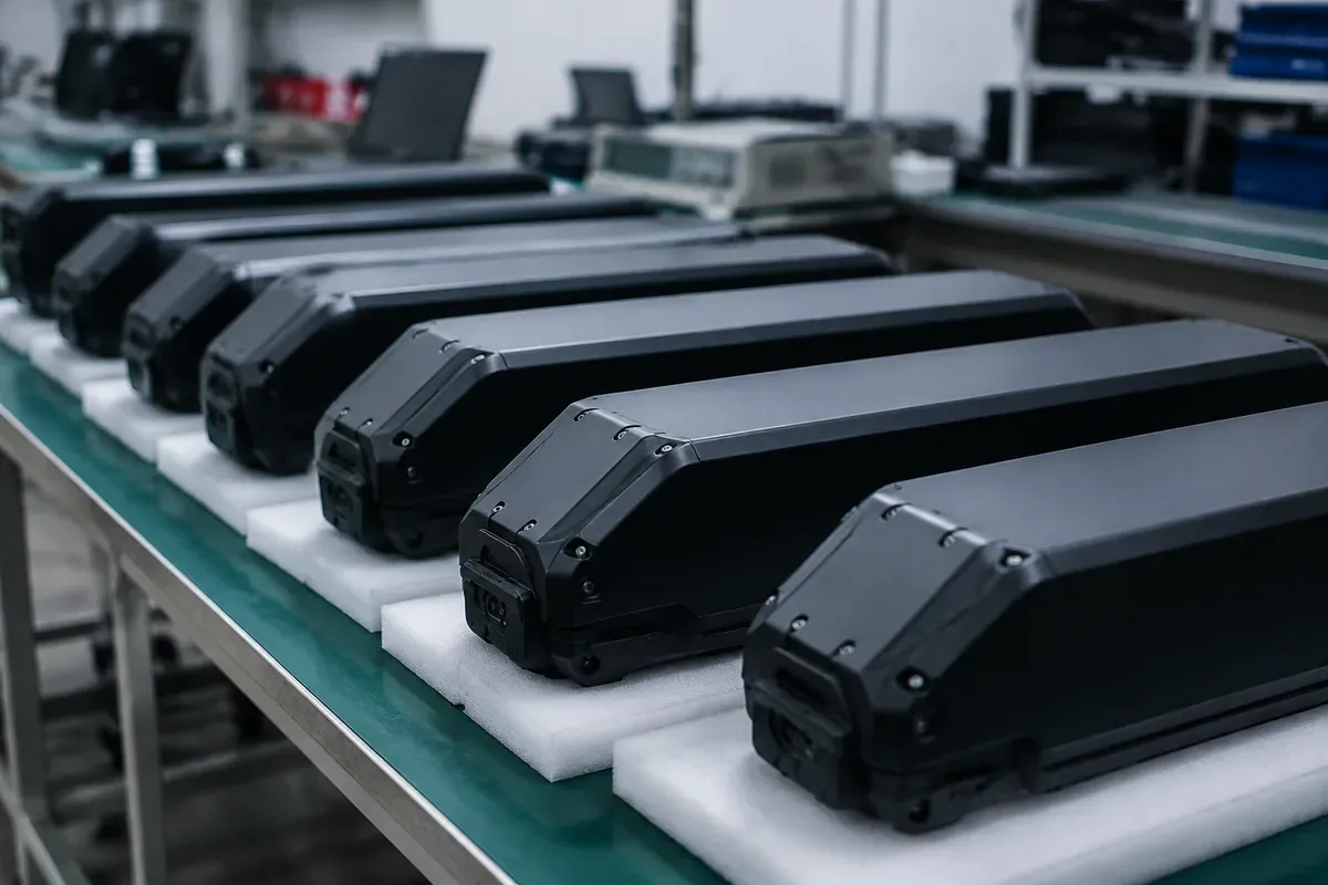 Finished lithium battery packs staged for model-specific certification testing