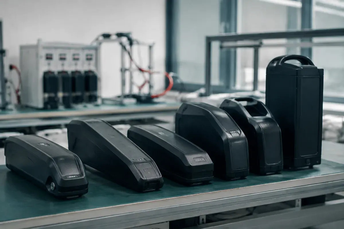 Row of certified battery pack models staged together on a production bench