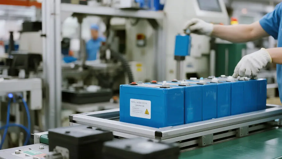 Battery pack modules moving through a lithium battery production line