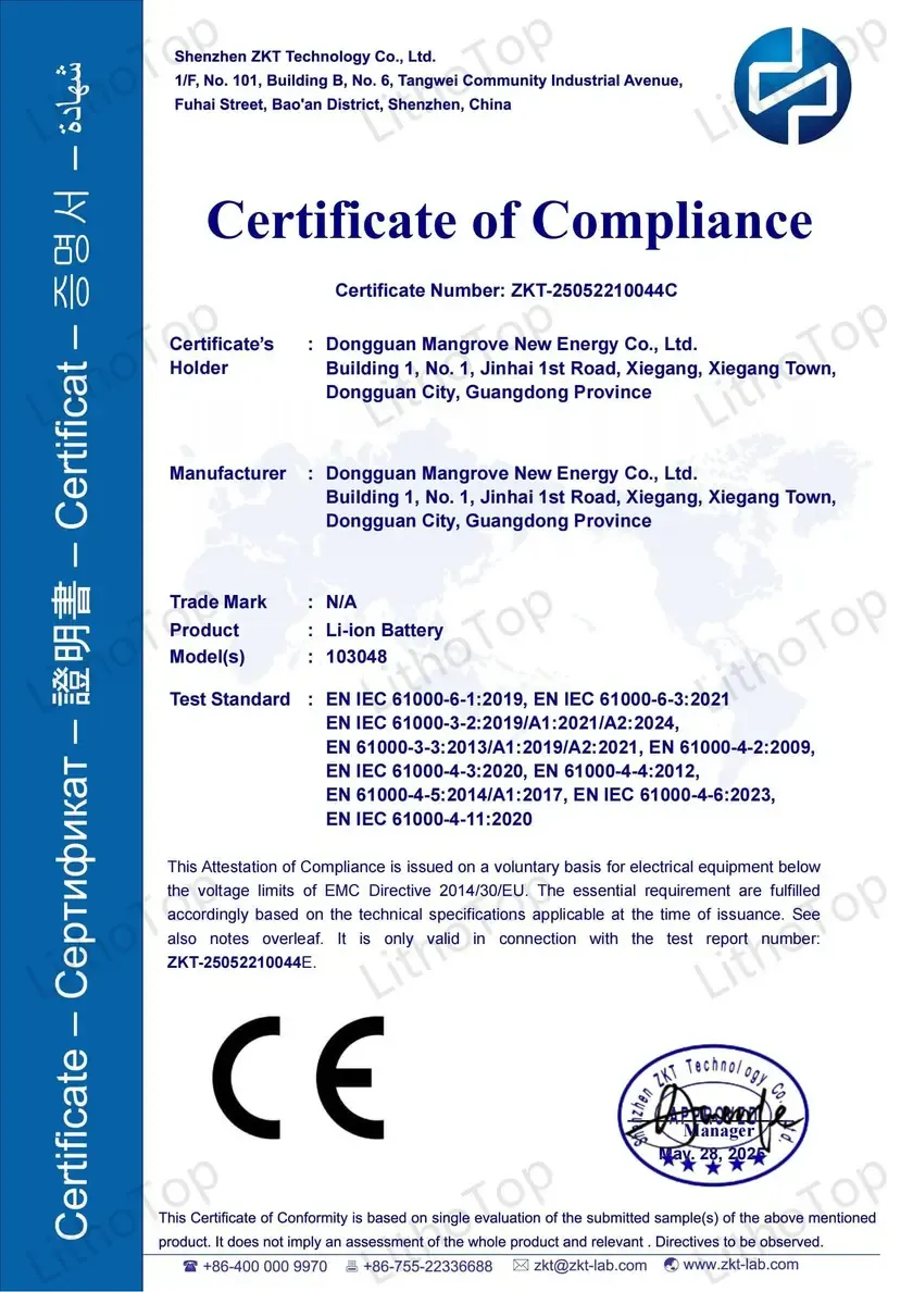 CE certification document for Lizo Power e-bike batteries