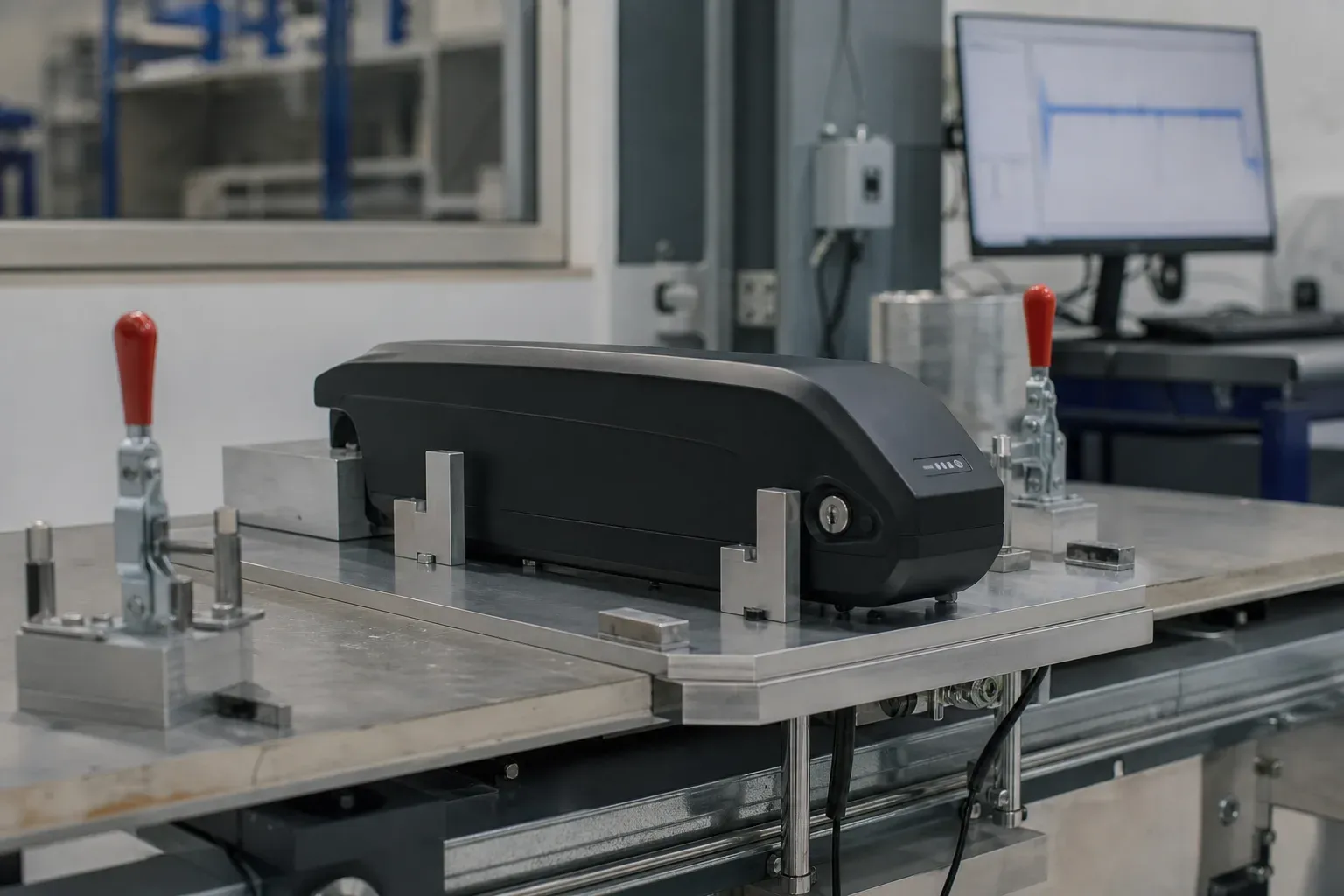 E-bike battery pack on a US safety-test fixture in a clean lab