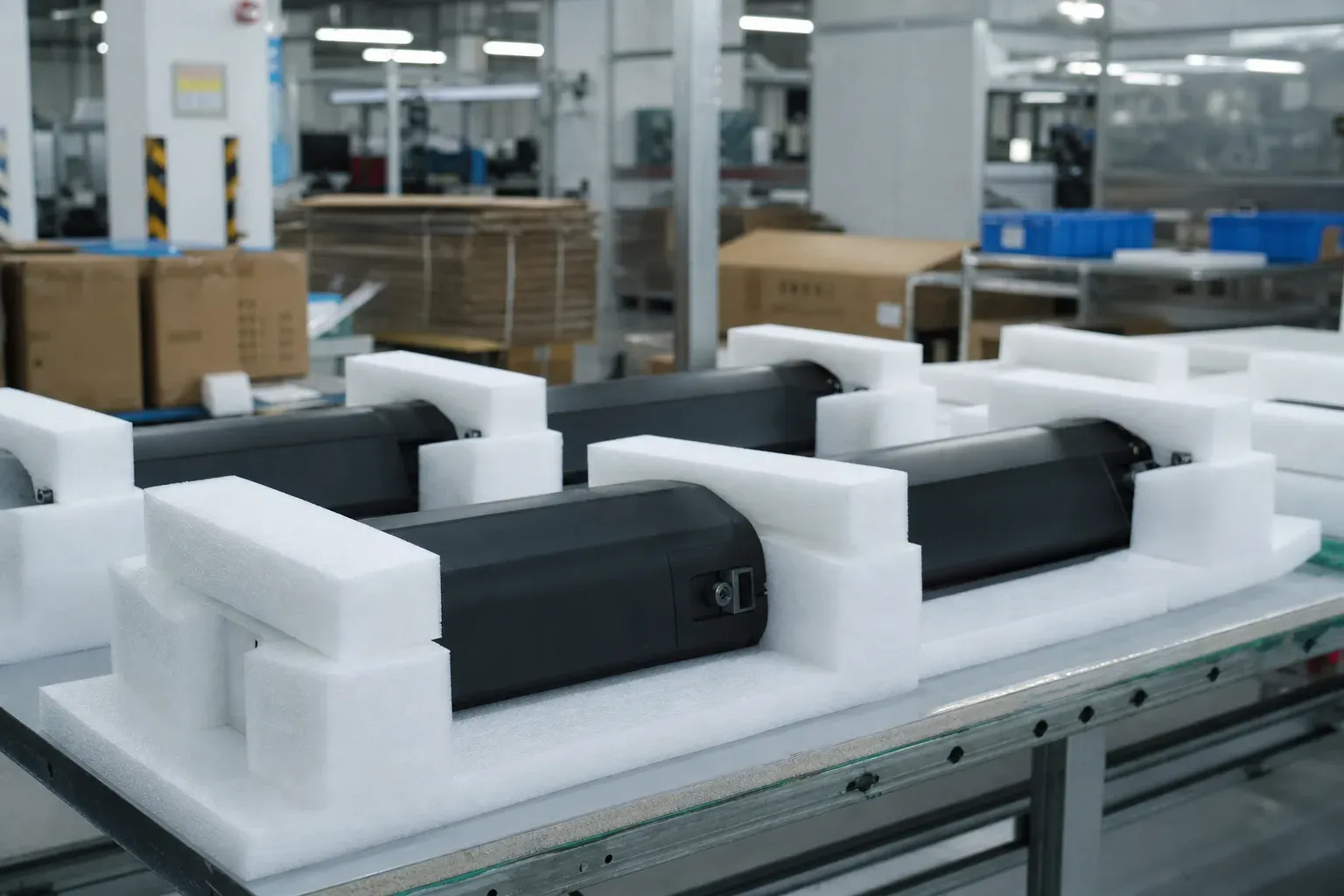 Export-ready e-bike battery packs in protective packaging