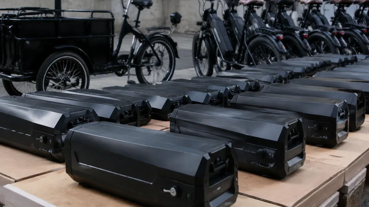 Multiple finished e-bike battery packs staged for delivery fleet duty cycles