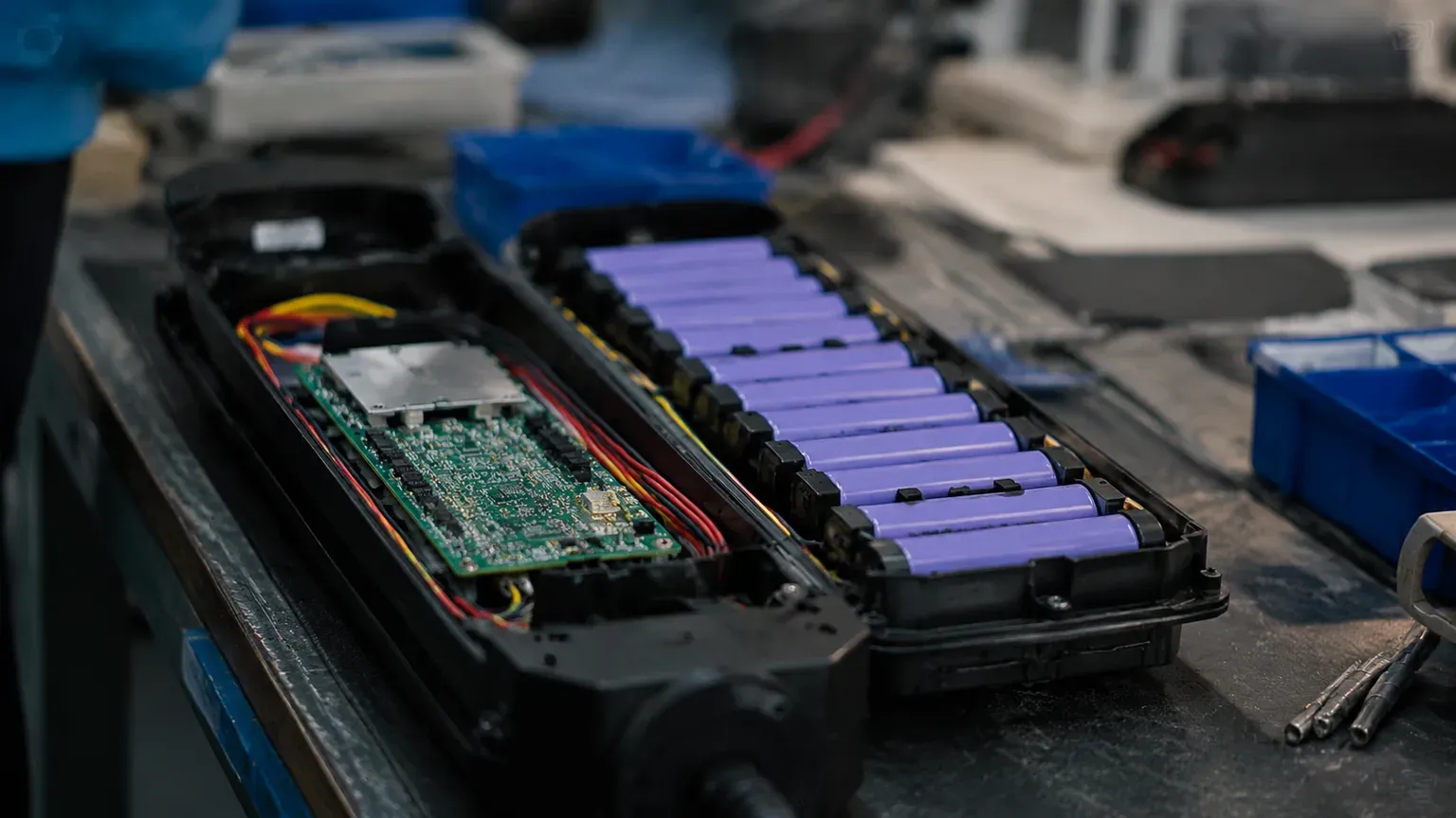 Custom private-label e-bike battery pack open on an engineering workbench