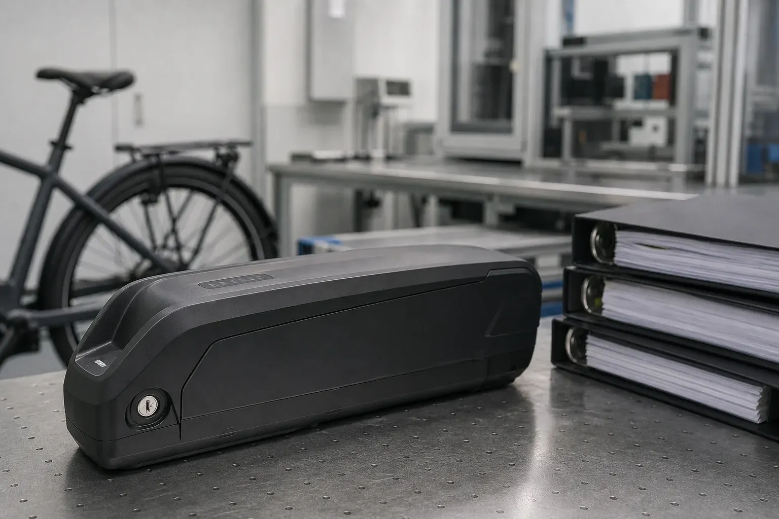 Sealed compliance binders and an e-bike battery pack on a lab table