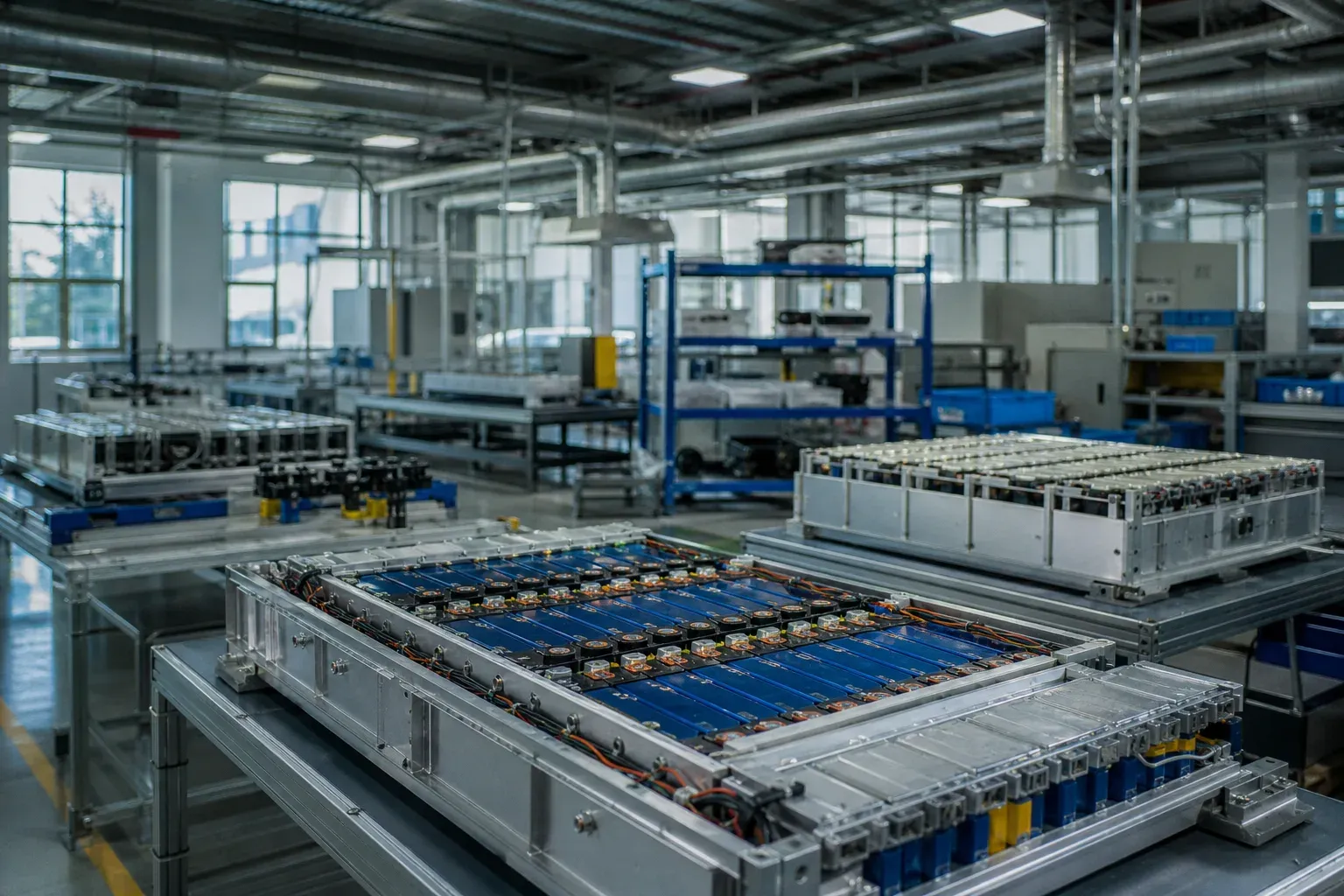 Lithium battery pack manufacturing on a production floor