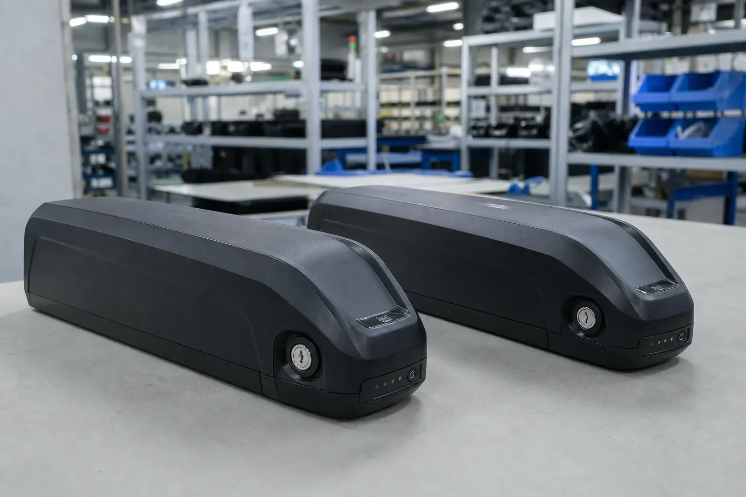 Two black e-bike battery packs on a factory workbench