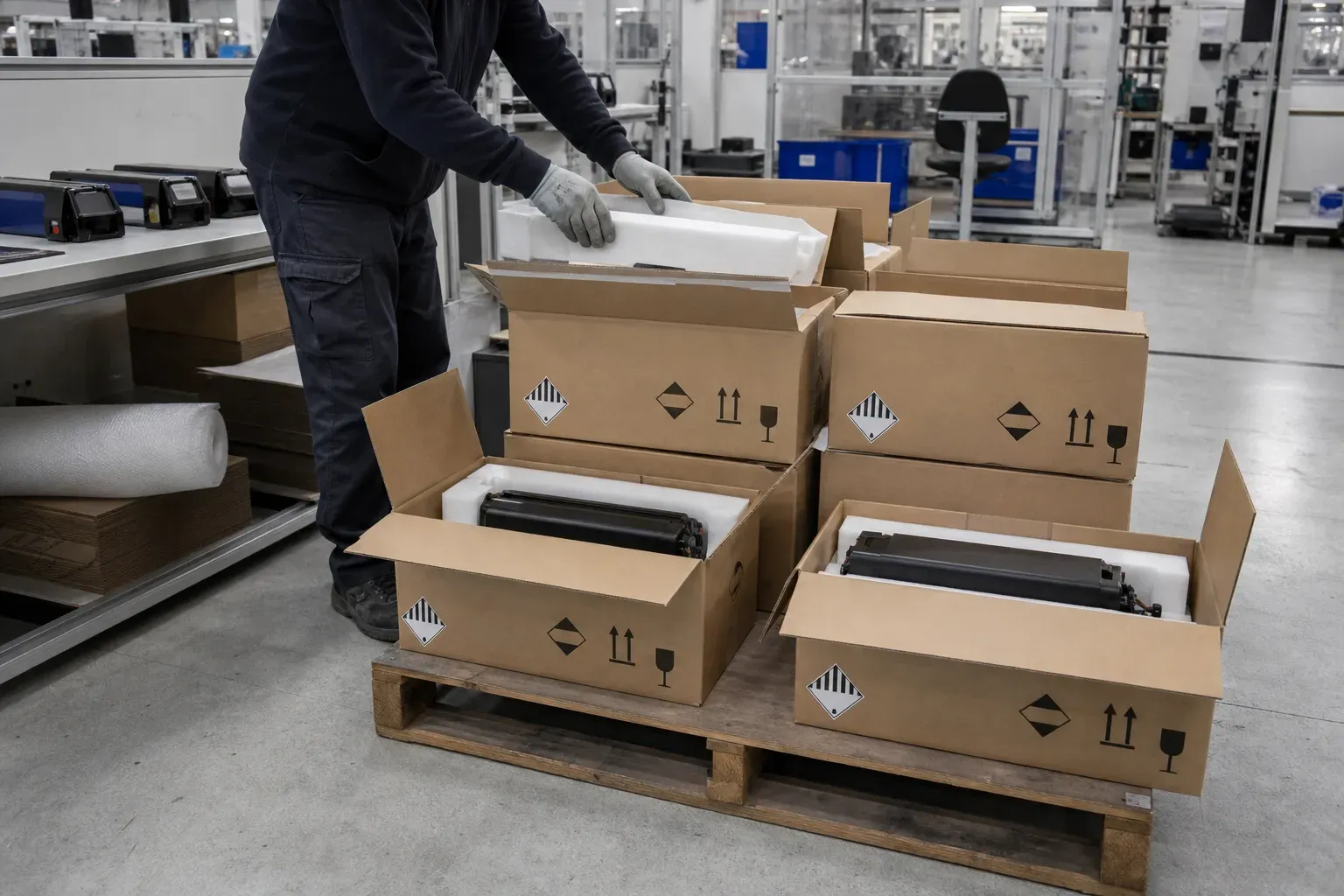 Lithium e-bike batteries packed for dangerous-goods shipment on a pallet