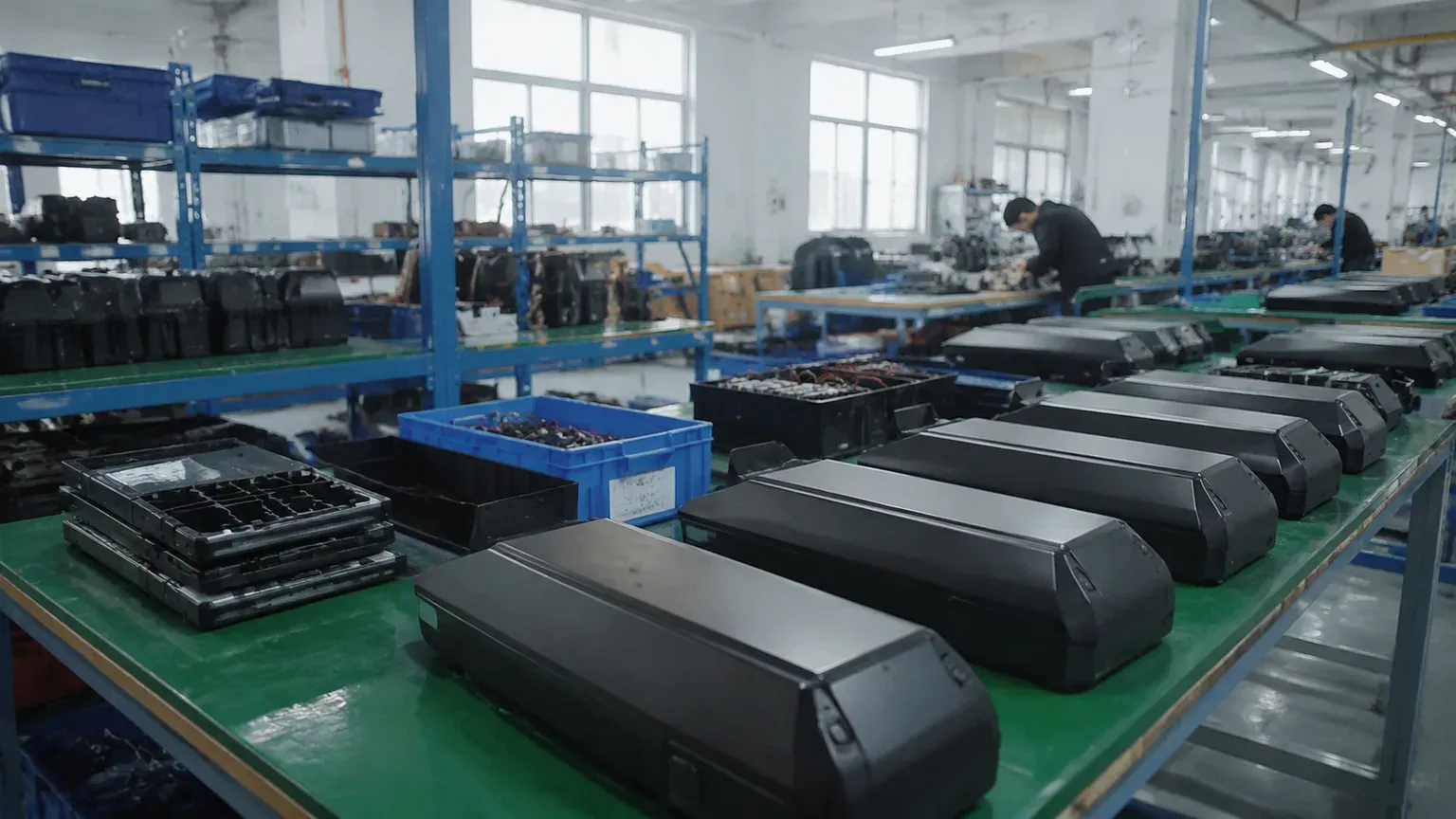 OEM e-bike battery production floor with packs on the assembly line