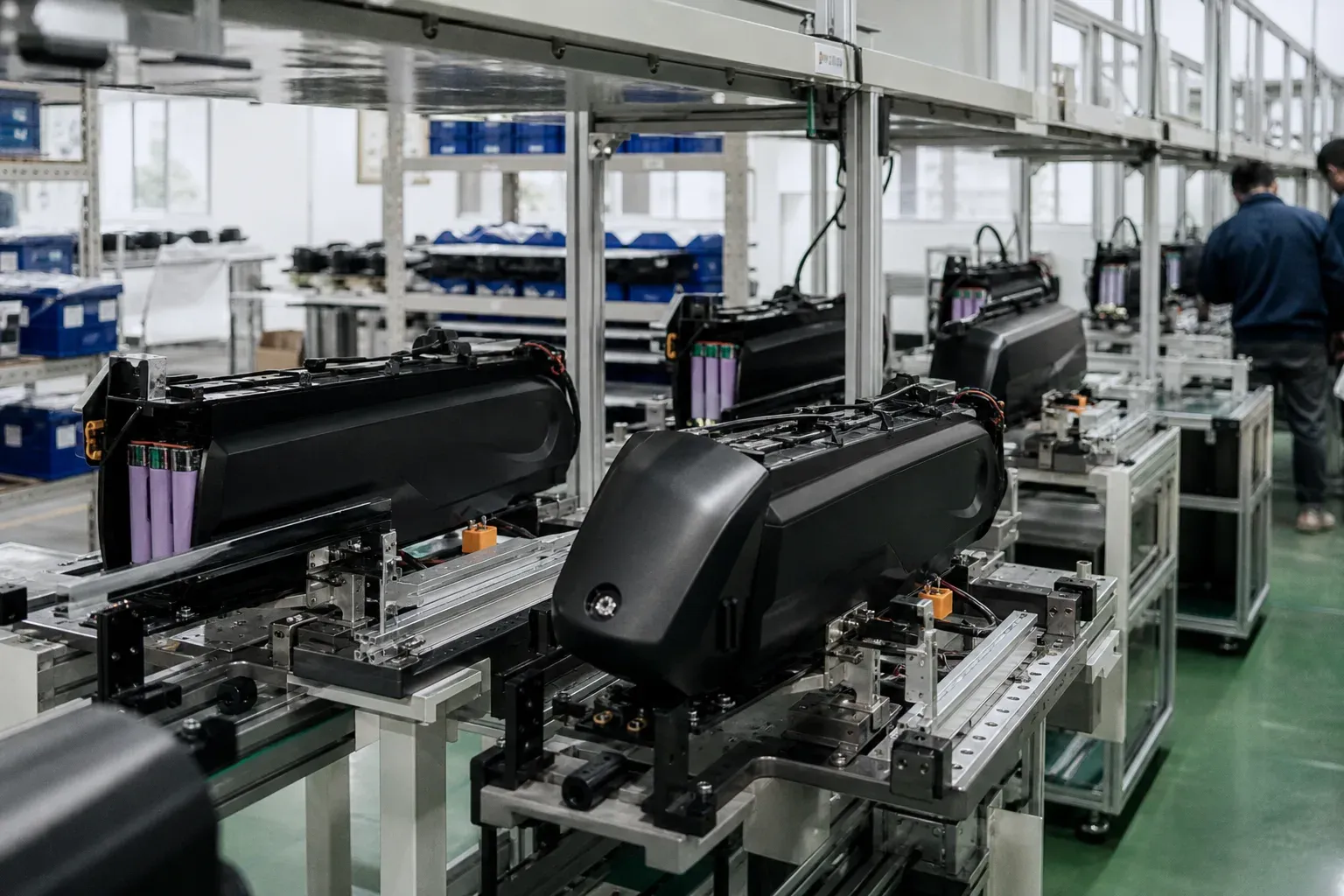 E-bike battery pack production floor overview in a manufacturing plant