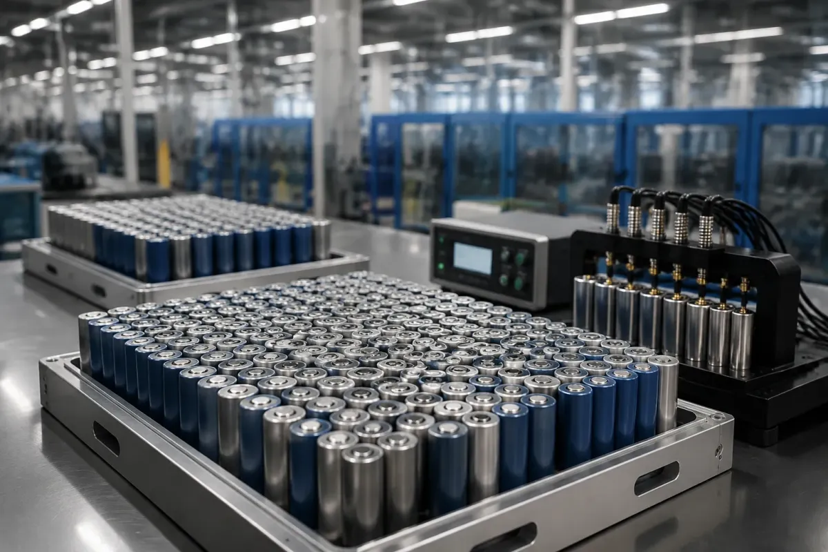 Cylindrical lithium cells in aluminium sorting trays at a factory grading station