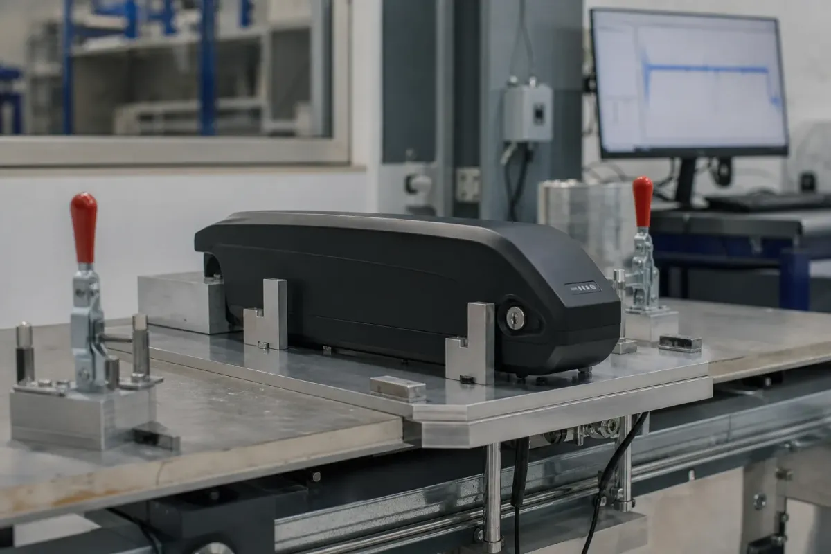 E-bike battery pack on a US safety-test fixture in a clean lab