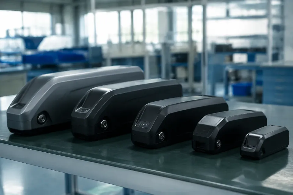 Family of customizable OEM e-bike battery pack housings on an industrial table