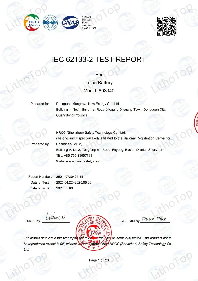 IEC62133 certification document for Lizo Power e-bike batteries