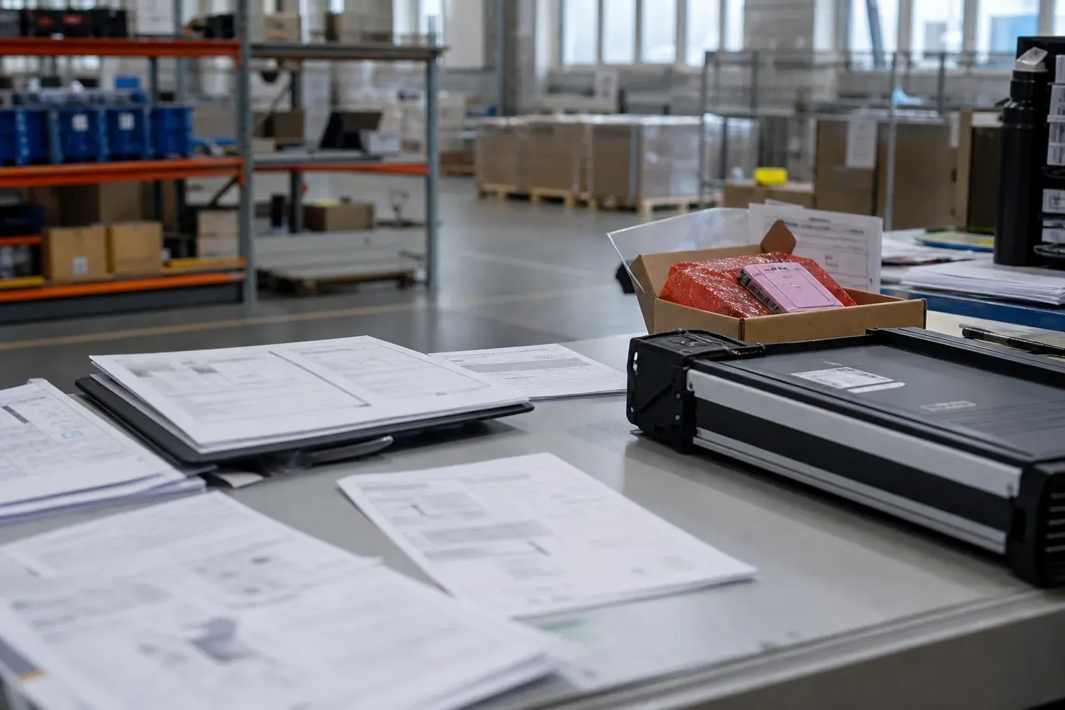 Import compliance review desk with sample pack and blurred documents