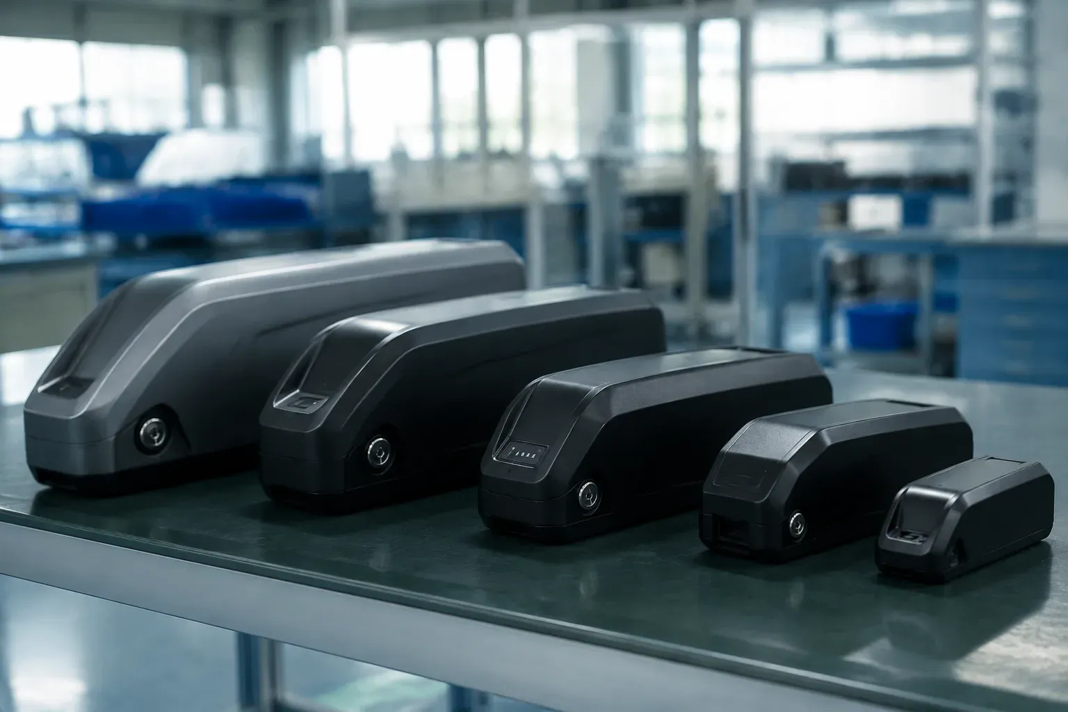 Family of customizable OEM e-bike battery pack housings on an industrial table
