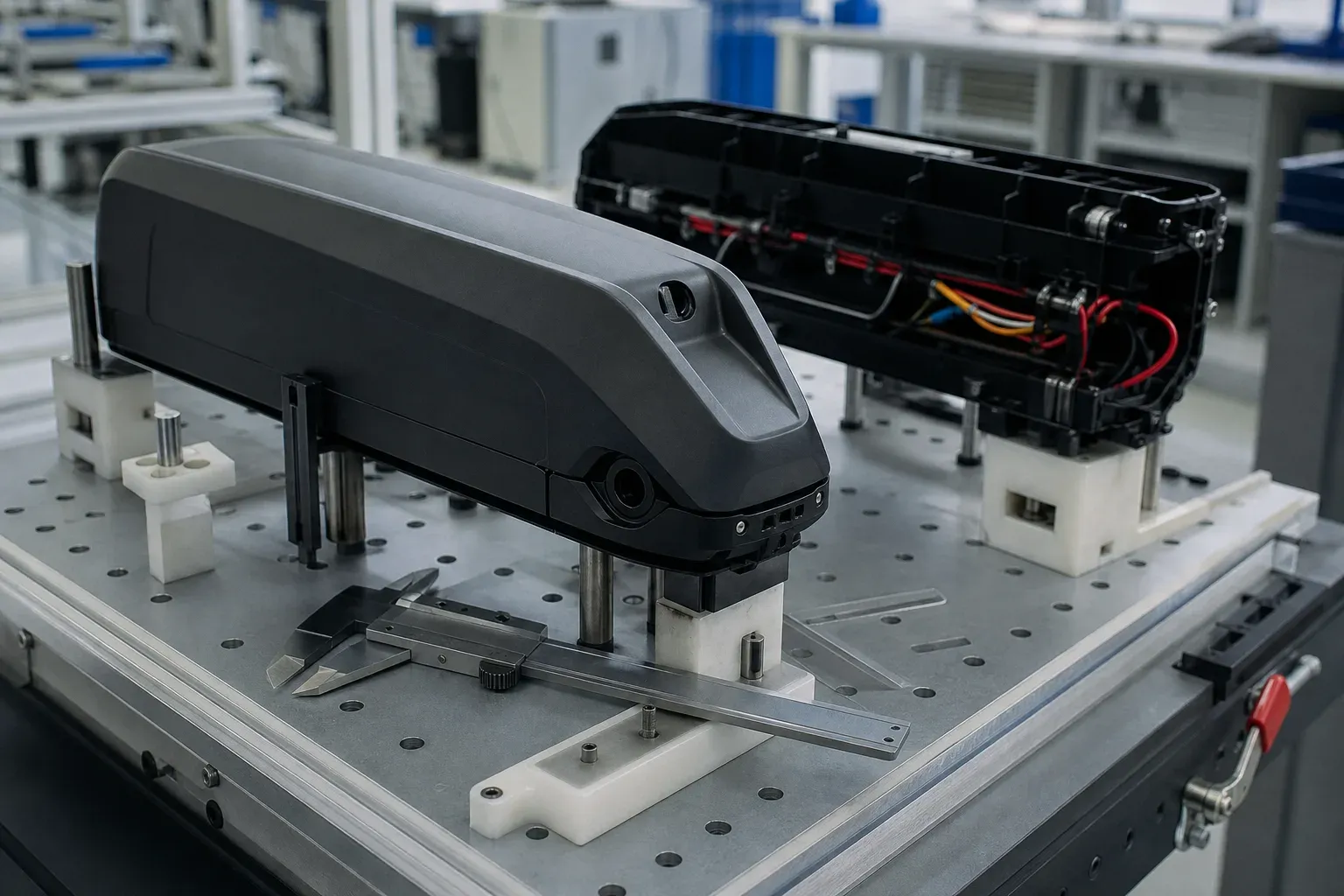 E-bike battery pack inspection on a laboratory workbench