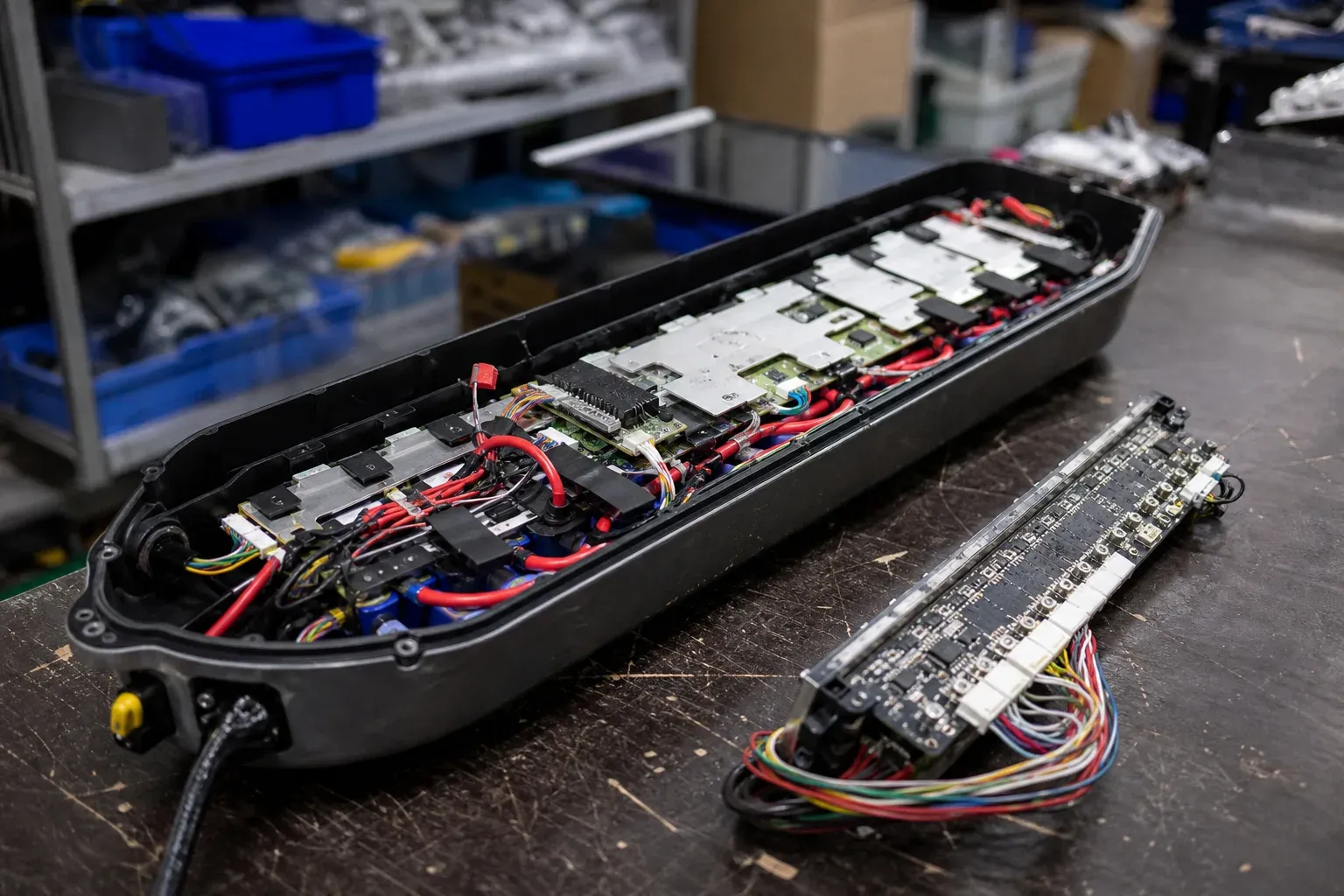 Open e-bike pack and BMS board on an engineering workbench