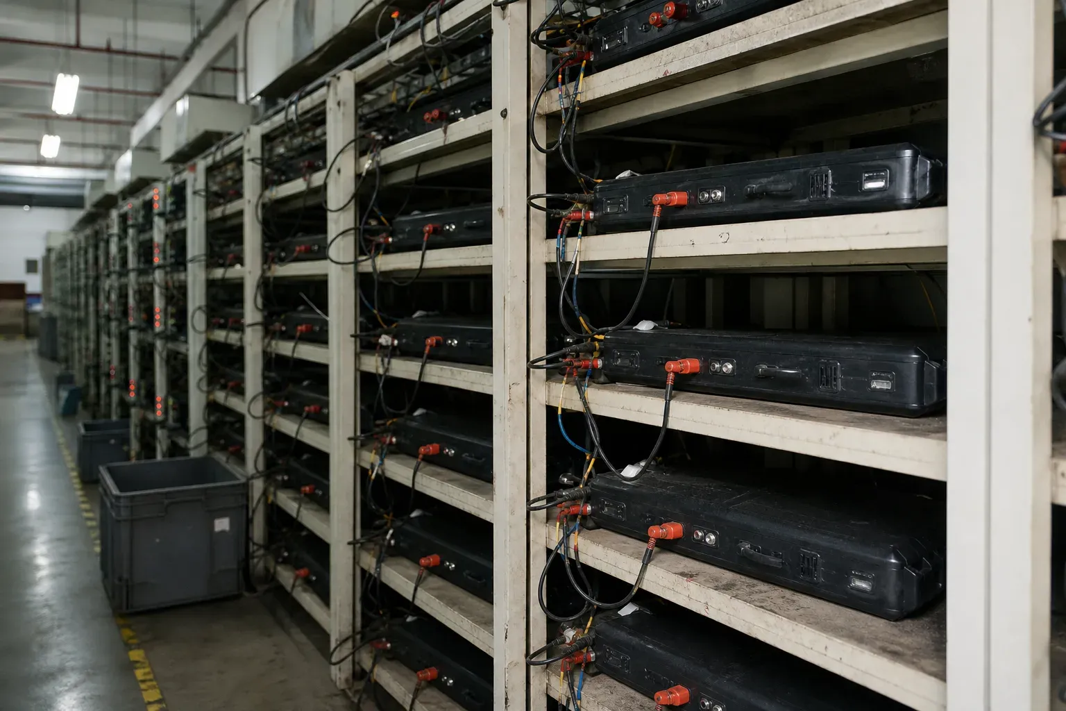 Battery aging and cycle test racks in a quality lab