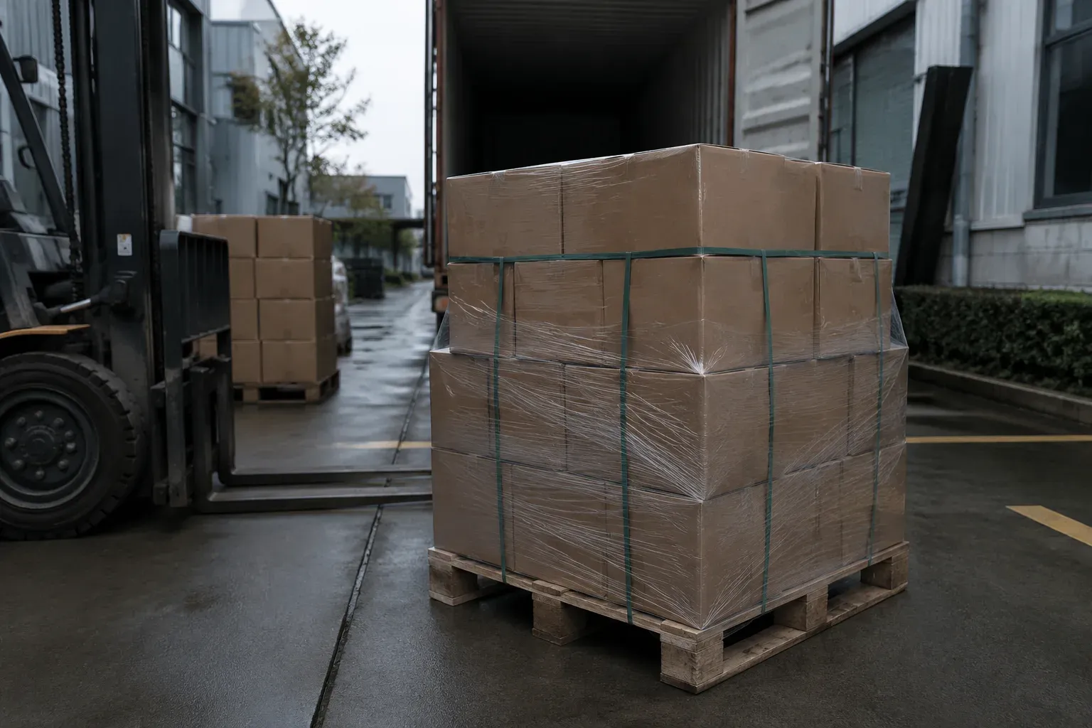 Factory outbound area with packed crates ready for logistics
