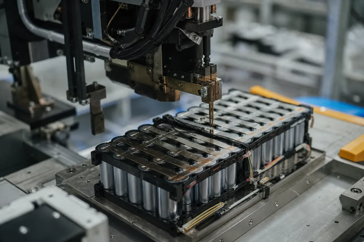 Spot welding and pack assembly on a battery production line