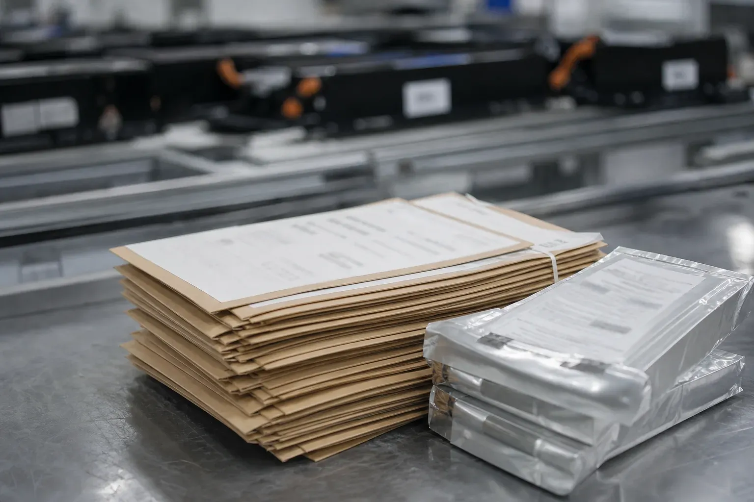 Sealed test-evidence folders beside a sample battery pack