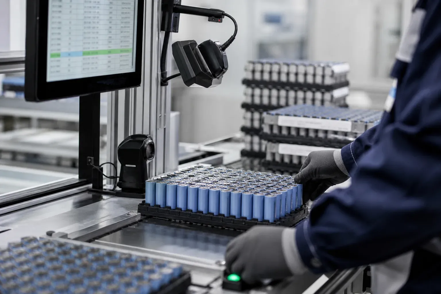 Cell tray scan station suggesting digital battery traceability