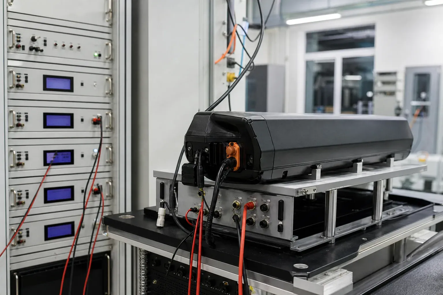Battery pack on an electrical test bench in a factory lab