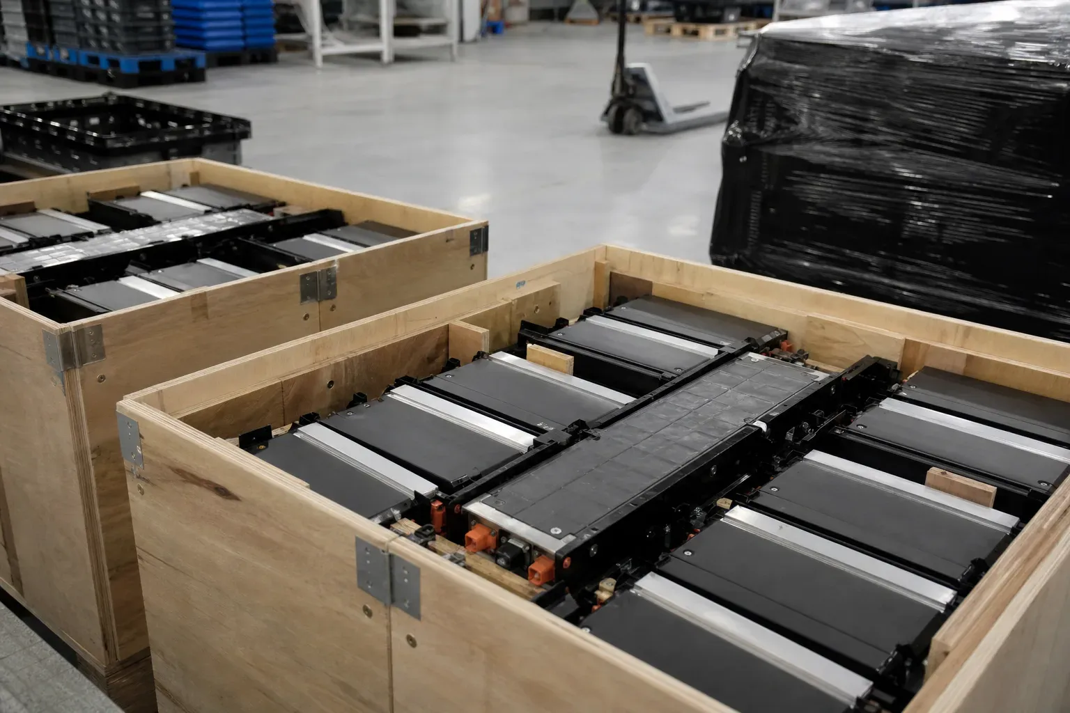 Packed lithium batteries staged near shipping crates for market access
