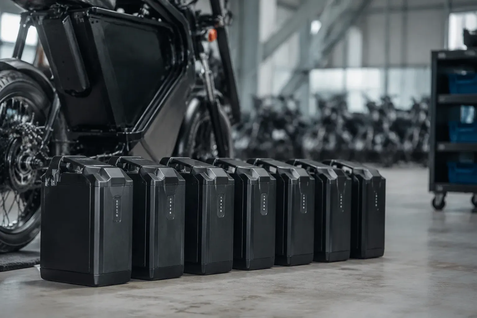 Identical swappable OEM packs lined for fleet uptime and hot-swap readiness