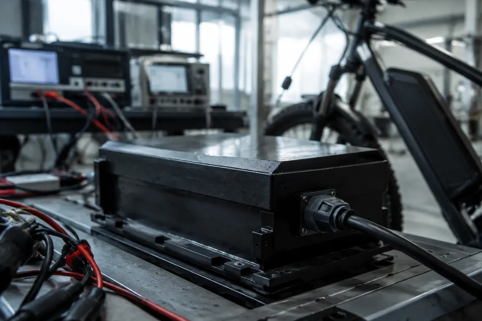 Thermal and sustained-load battery test bench with instruments softly out of focus