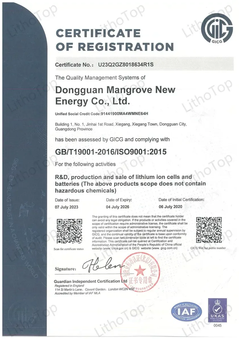 ISO9001 certification document for Lizo Power e-bike batteries