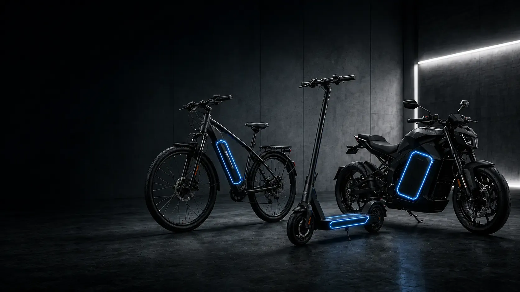 Lizo Power E-bike, e-scooter and e-motorcycle platforms with integrated blue-lit lithium battery packs in a studio bay