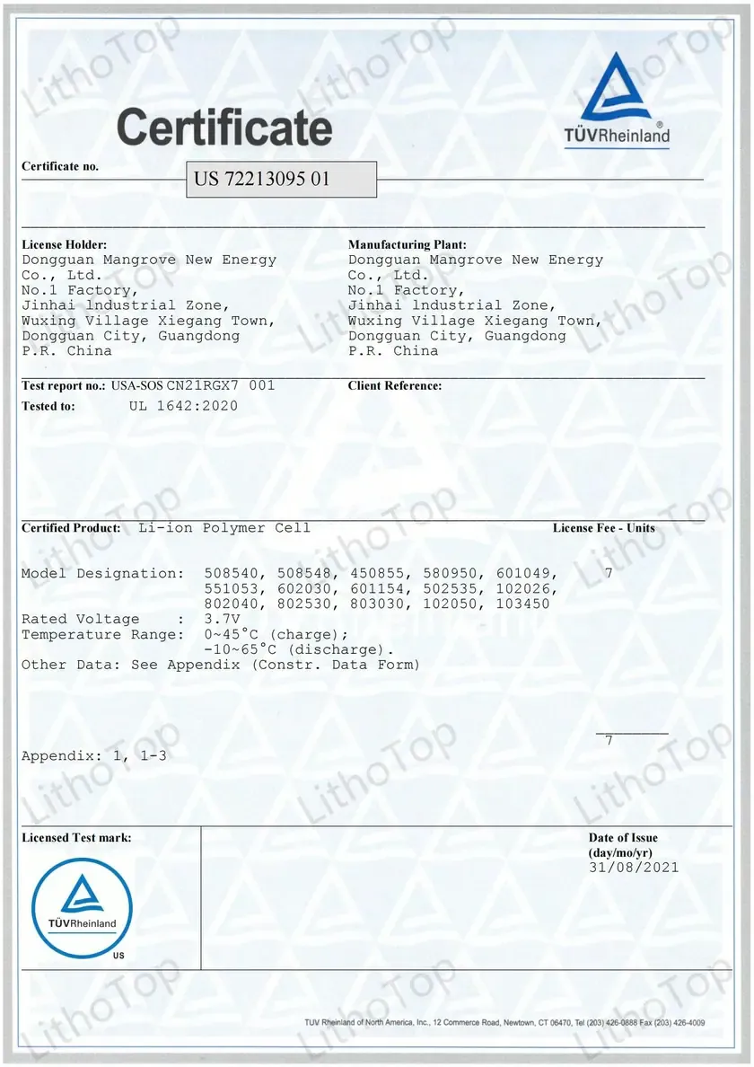 UL1642 certification document for Lizo Power e-bike batteries